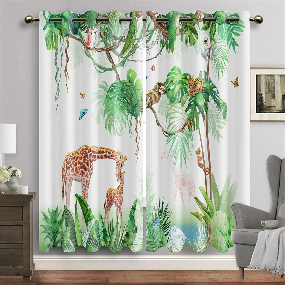 2Panels Cartoon Animal Jungle Lion Elephant Tree Window Curtain Blinds For Living Room Kids Bedroom Kicthen Grommet Top cortina