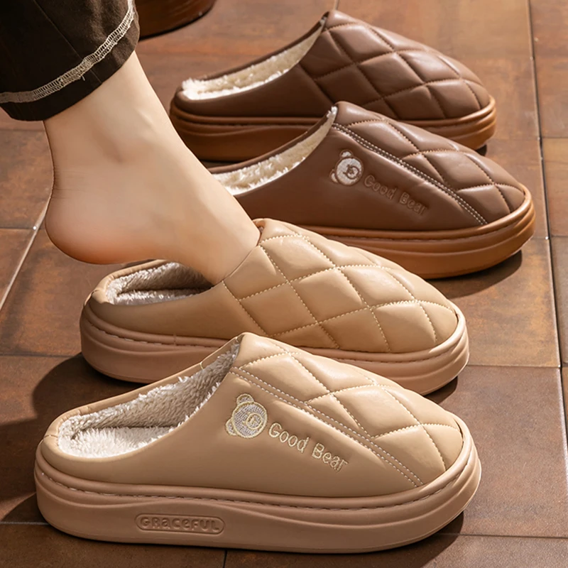 

Waterproof Home Cotton Slippers for Women Indoor Soft Thick Sole Plush Slides Woman Comfortable Anti Slip Warm Slippers Female