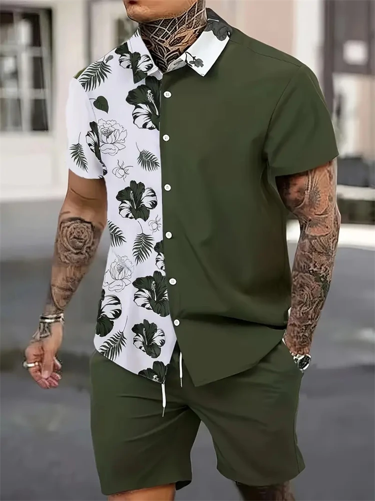 Men's Fashion Suit Collar 3D Floral Print Shirt Short Sleeve Casual Beach Shorts Loose Two-Piece Set