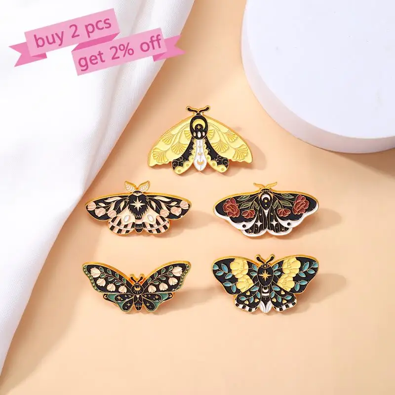 Floral Moth Butterfly Enamel Pins Custom Insect Brooches Lapel Badges Gothic Moon Nature Jewelry Gift for Kids Friends