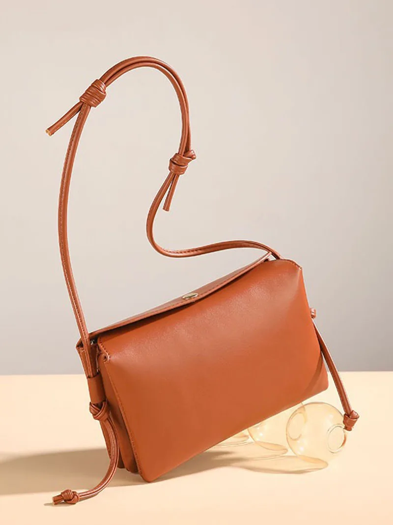 

Women Single Shoulder Small Square Bag Double Layer Glossy Genuine Leather Minimalist Solid Color Versatile Style Crossbody Bag