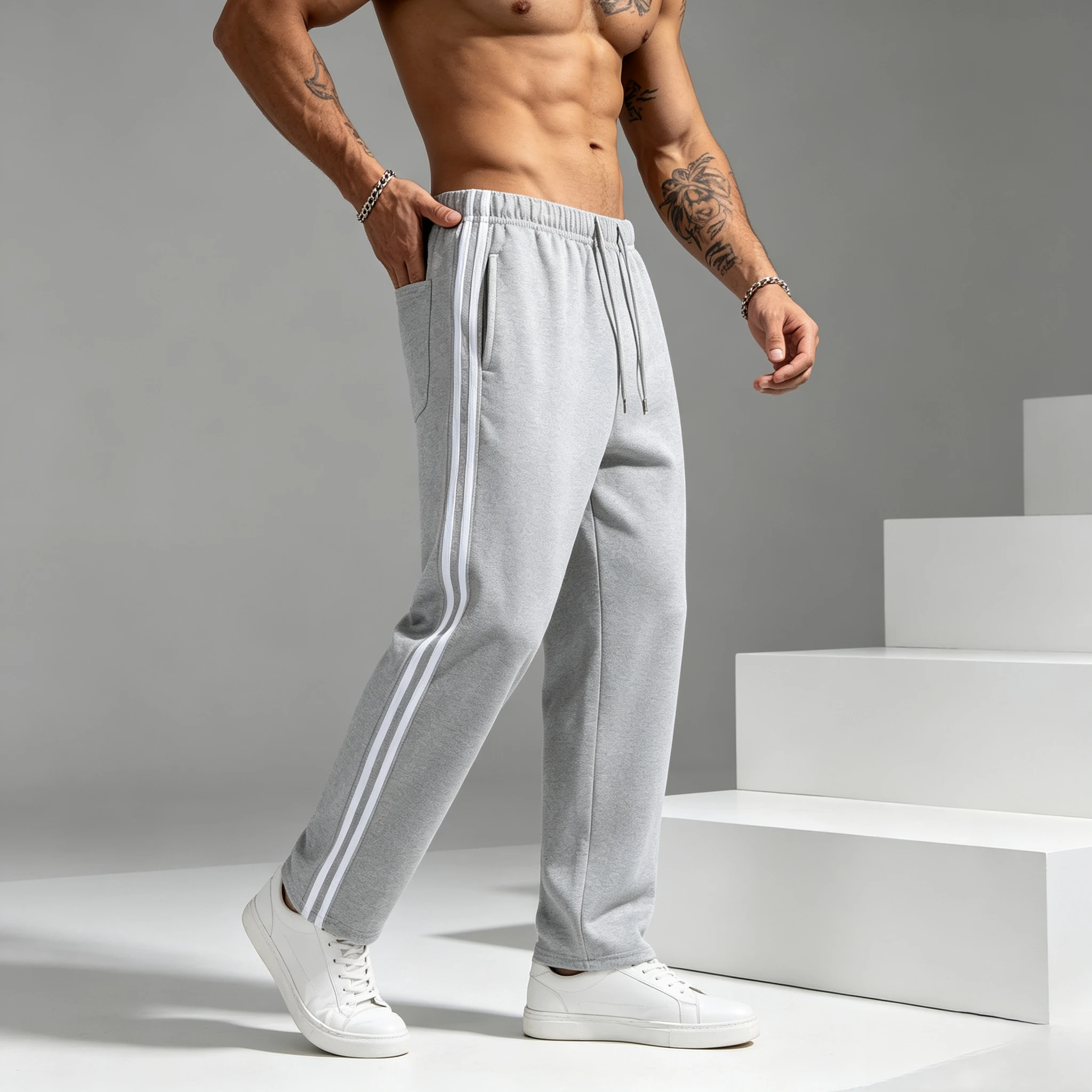 Herrenhose mit seitlichen Streifen, gerader Schnitt, Strickstoff, Fitness- und Jogginghose, Herrenhose mit elastischem Bund, Freizeitkleidung für den Frühling. – Detail 5