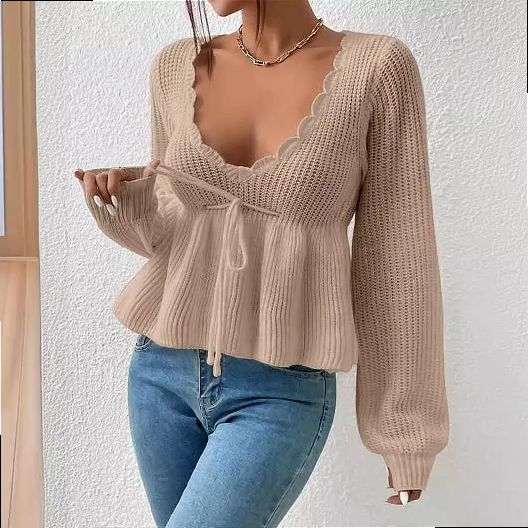 Womens Loose V Neck Knit Pullover Sweater Tops with Drawstring Ruffle Hem Blouse Tee