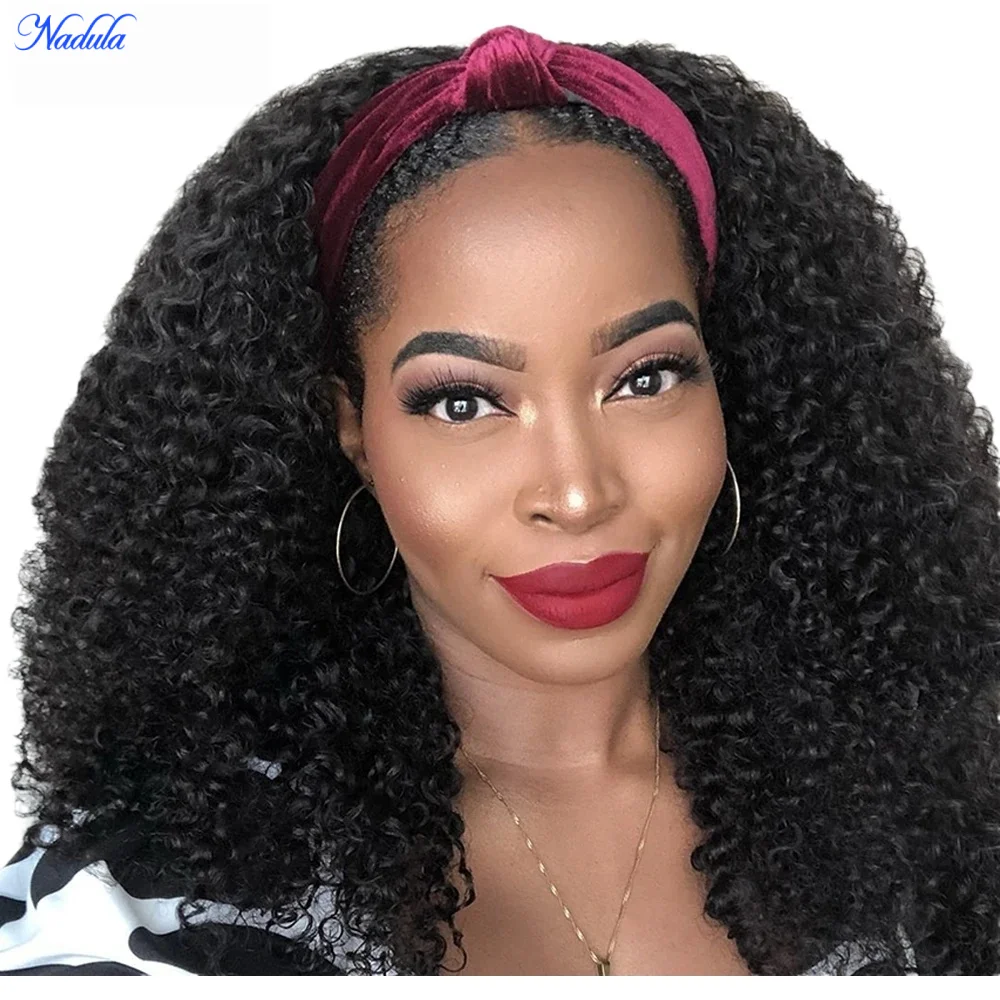 Nadula Afro Curly Drawstring Half Wig 4C Kinky Curly 100% Virgin Human Hair No Tangle No Shedding Real Scalp No Glue No Gel Machine Made 3/4 Half Wig Beginner Friendly Headband Curly Human Hair Wig Natural Black Color Density 180%