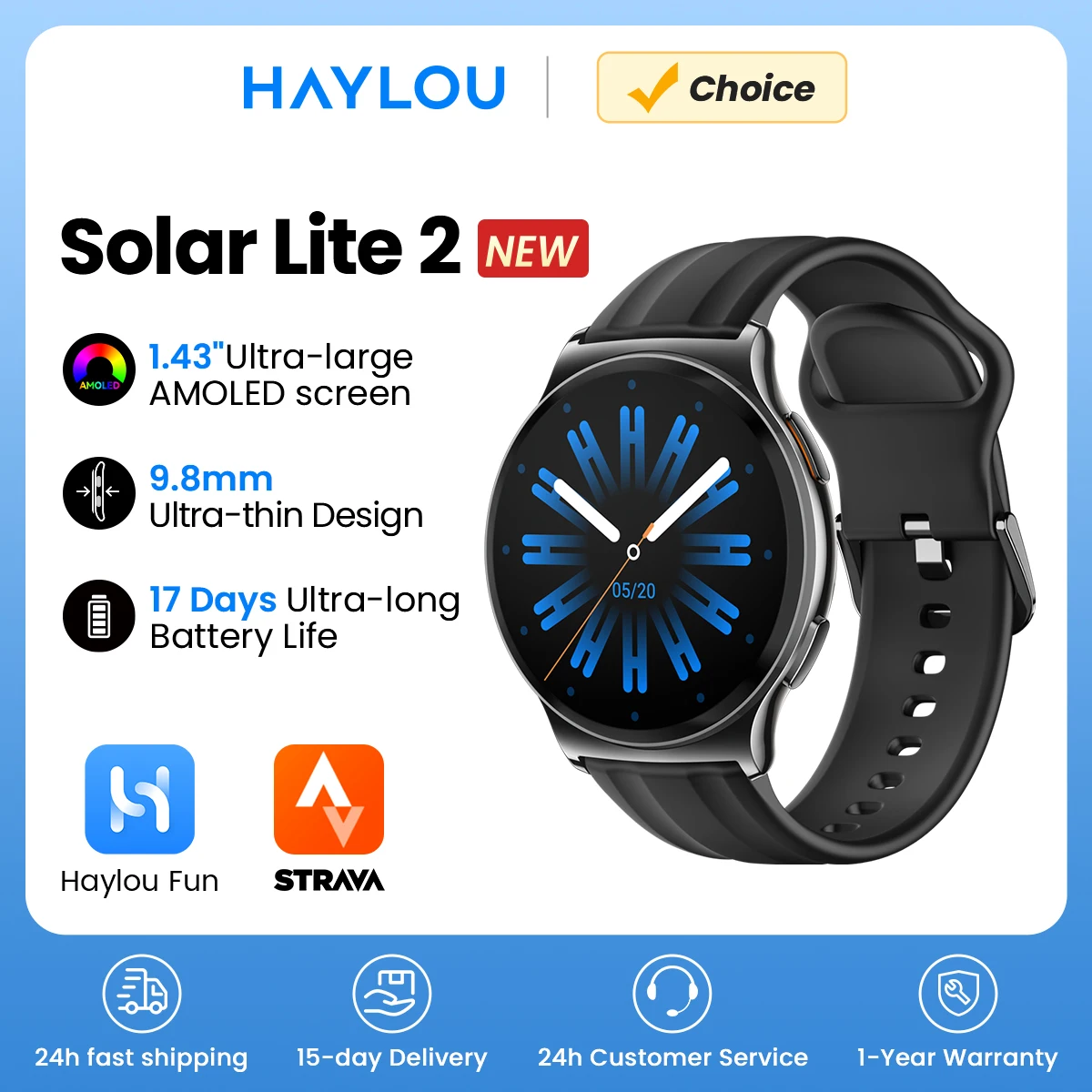 HAYLOU Solar Lite 2 Smartwatch 1.43'' AMOLED Display 24h Health Monitoring 150+ Sports Modes Voice Calling Smart Watch 1ATM