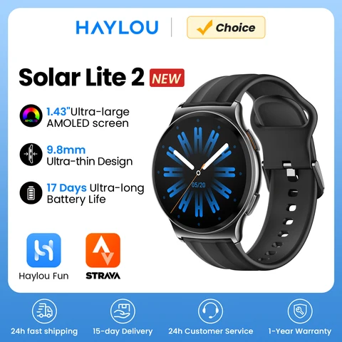 HAYLOU Solar Lite 2 Smartwatch 1.43 ''AMOLED Display 24h Monitoramento de Saúde Mais de 150 Modos Esportivos Chamadas de Voz Relógio Inteligente 1ATM