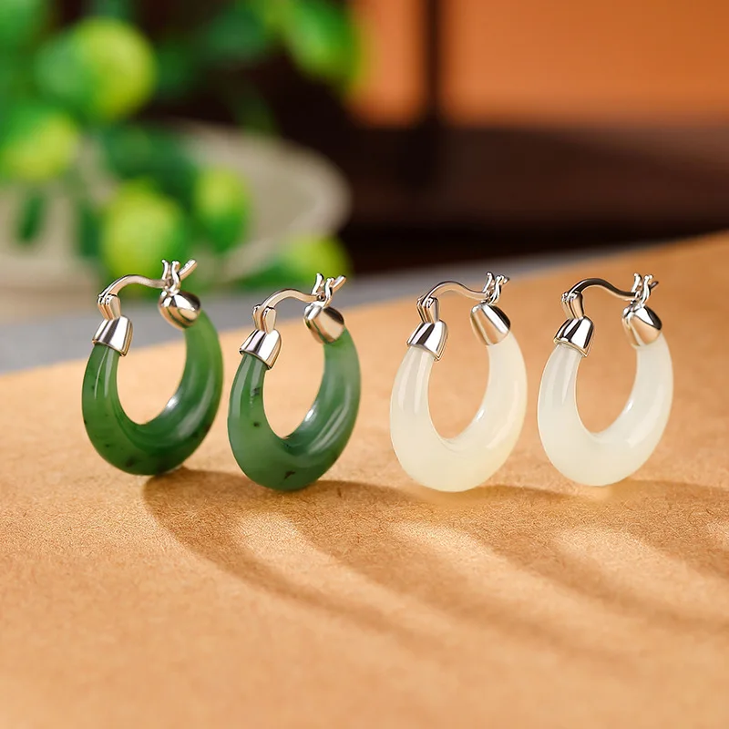 

Серьги из стерлингового серебра 925 пробы Hetian Jade Moon, изогнутые зажимы для ушей, серебряные украшения