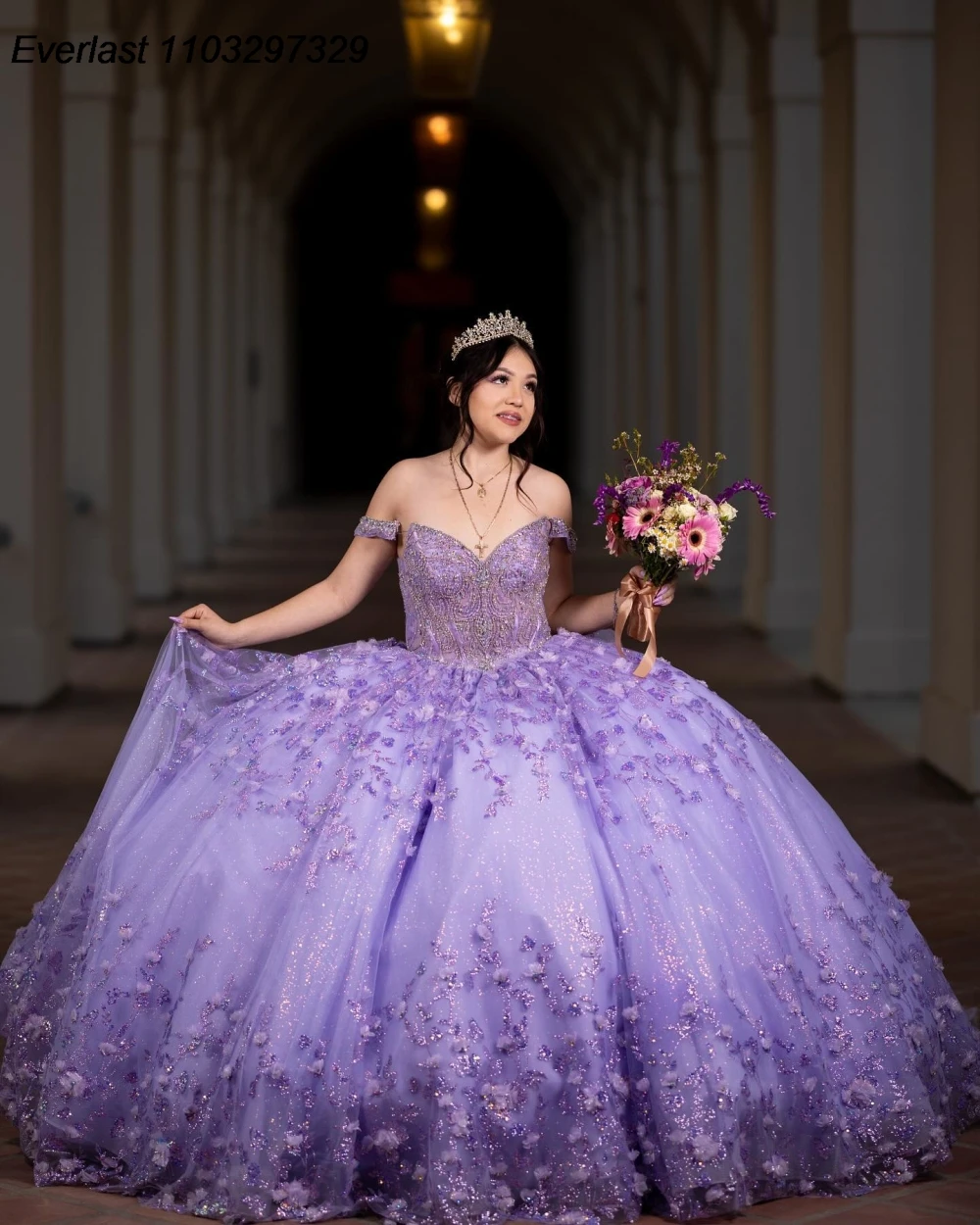 EVLAST Customized Purple Lilac Quinceanera Dress Ball Gown Floral Applique Beaded Crystal Sweet 16 Vestido De 15 Anos QD1142