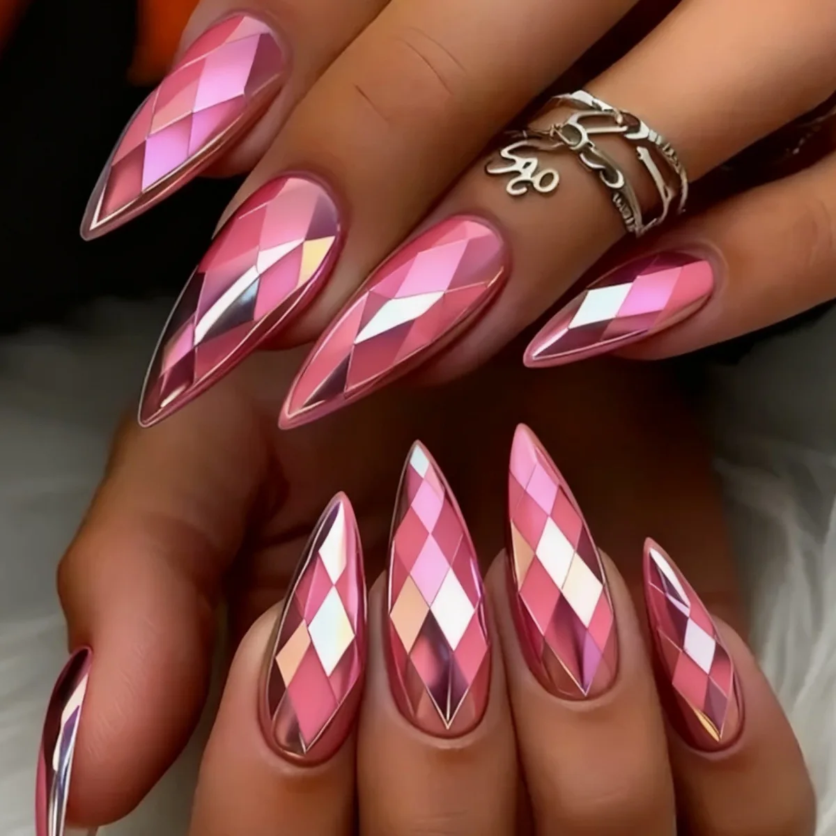3D three-dimensional multi-sided rhombus electroplating metal glossy nail art fashion round head almond nail pink series