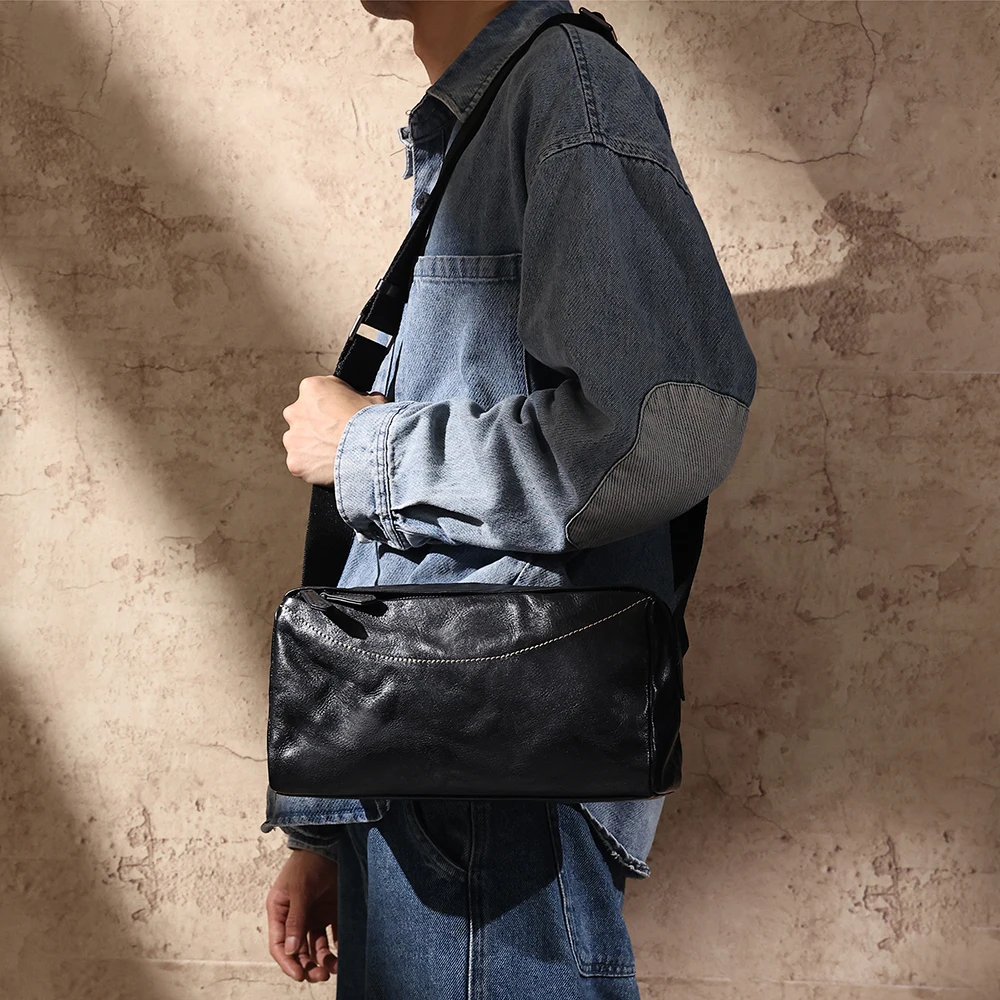 Sac à bandoulière en cuir véritable pour homme, cuir tanné végétal, fonctionnel, décontracté, rétro, initié, sport