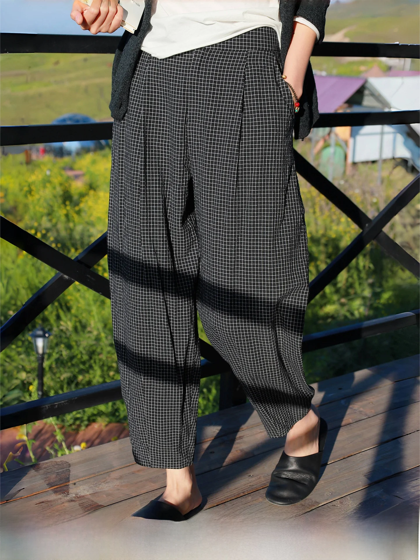 

Langqing Casual Cotton Plaid Pants Women's Loose Wide Leg Nine Points Spring New Sle Small Size Comfortable Harajuku Trousers