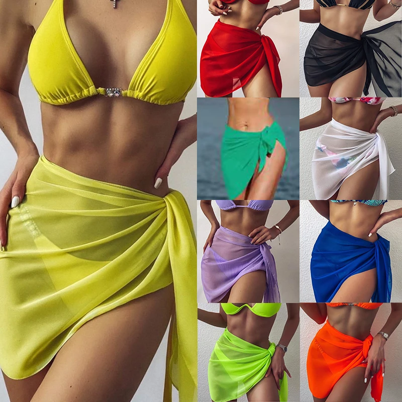 Beach Bikini Wrap See-Through Cover Up Women Chiffon Swimwear Coverups Short Dress Wrap Scarf Kaftan Sarong for Swimsuit