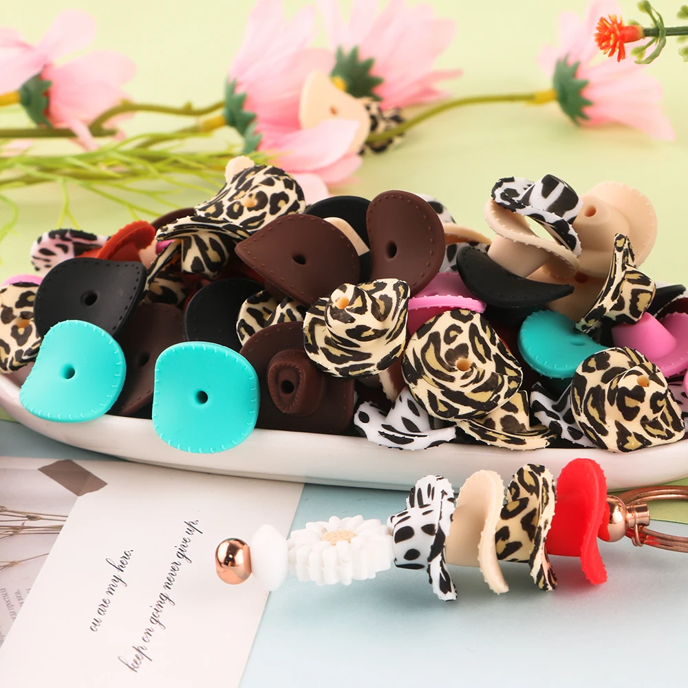 5pcs New Leopard Print Cowboy Hat Silicone Bead For Making DIY Jewelry Bracelets Key Chain Pen Handicrafts Accessories