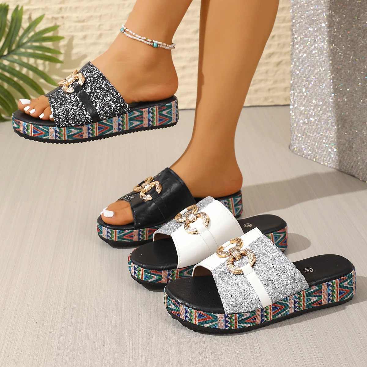 2026 New Thick-Soled Mule Slippers, Leather Sequin Patchwork with Metal Buckle Flat Sandals, Ethnic Style Platform Height-Increasing Outdoor Sandals, Light Luxury Style for Daily Wear, Home, Outings, Vacation, Versatile Sandals
