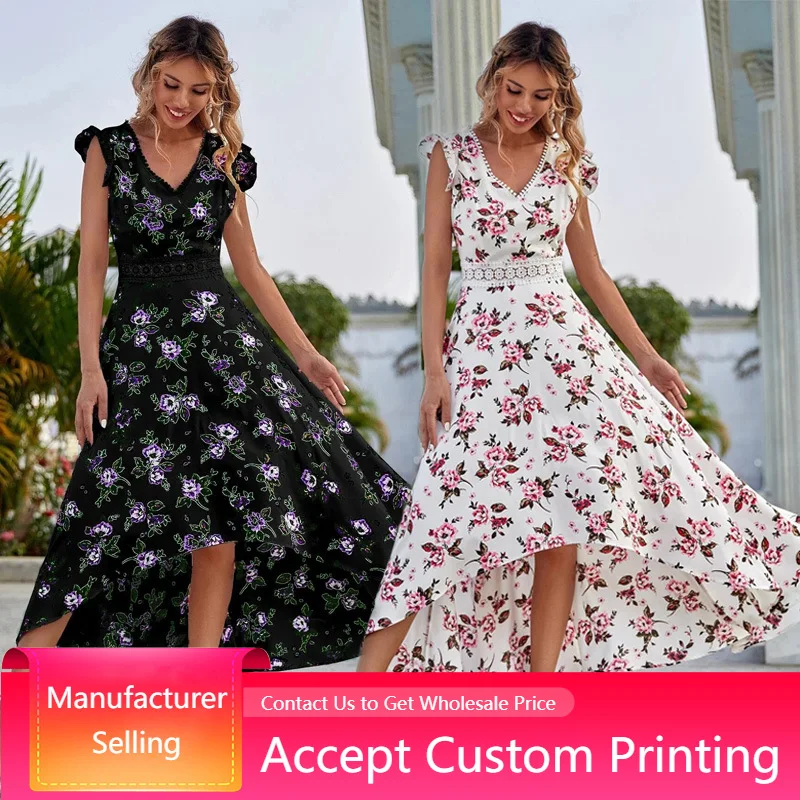 

Summer Long Floral Dresses Women Elegant V-neck Lace Trim Bodice Floral Print Dresses High and Low Hem A-word Casual Dress