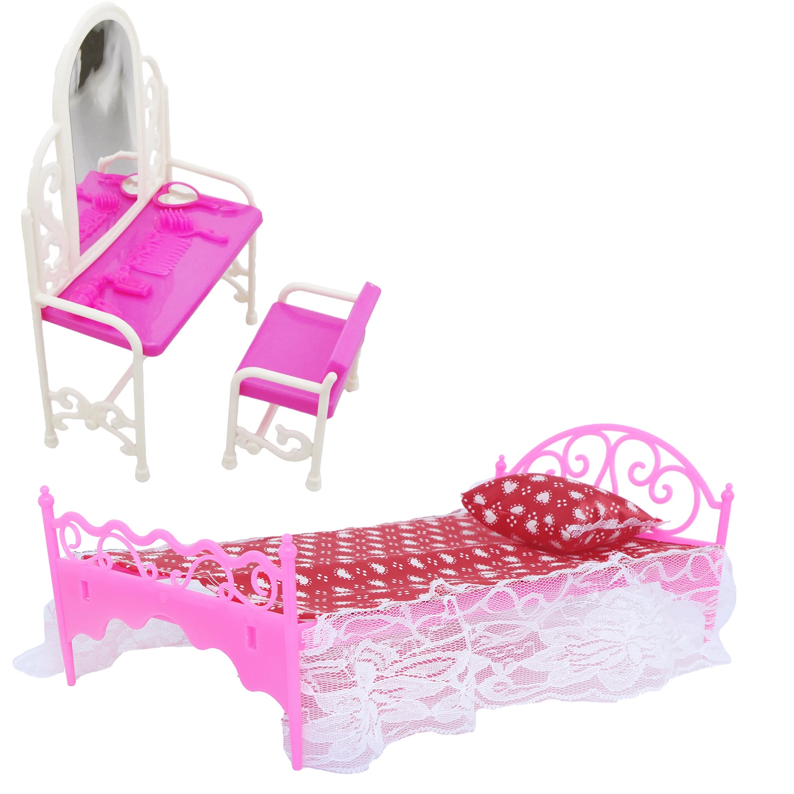 2 Set/ Pack Fashion Pink 1:6 Doll Furniture Lace Bed Sheet Make up Table Chair Bedroom Accessories for 11.5'' Doll Kids Toy Gift