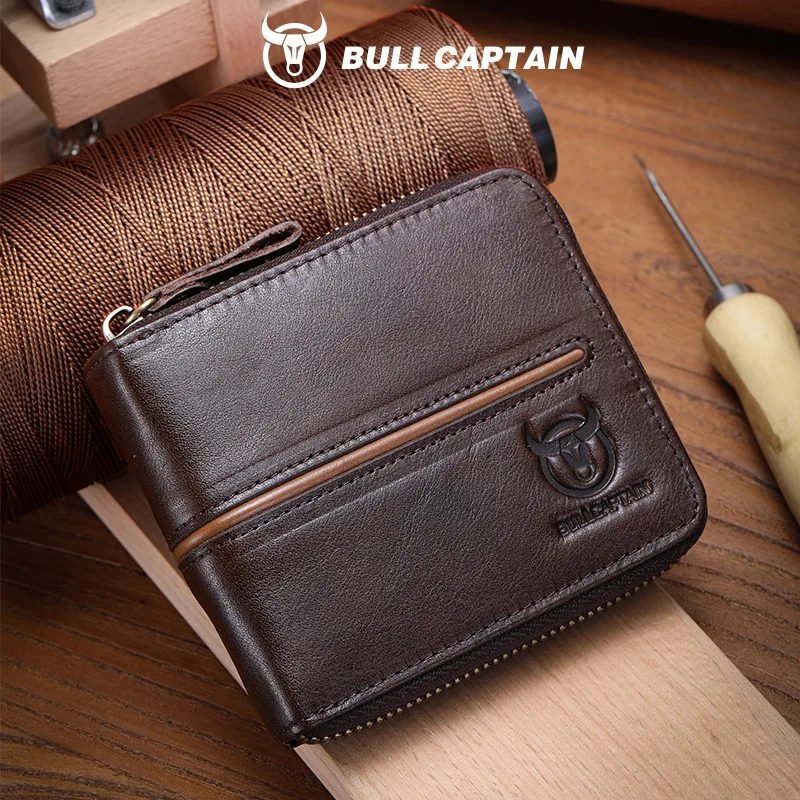 حامل بطاقات عمل أفقي متعدد الفتحات للرجال من الجلد الطبيعي، رخصة قيادة بسحاب، محفظة من جلد البقر
