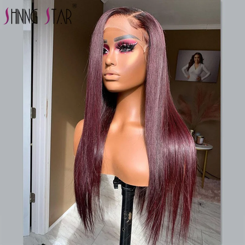 

34 Inch Long Burgundy 99J 13X6 Lace Frontal Wigs Bone Straight Human Hair For Women Hot Red Colored Lace Front Human Hair Wig