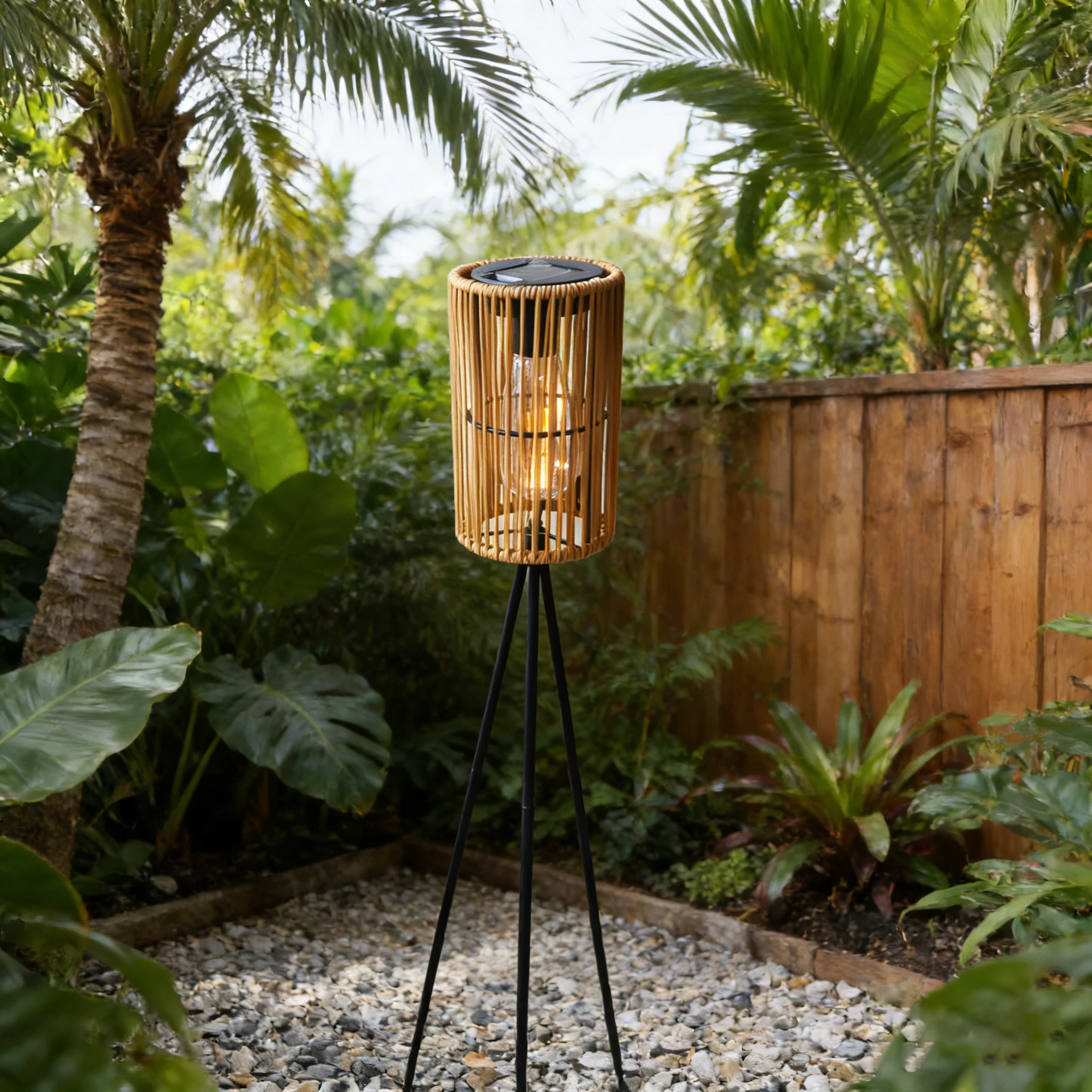 Japandi Rattan Solar Tripod Floor Lamp Patio Placement
