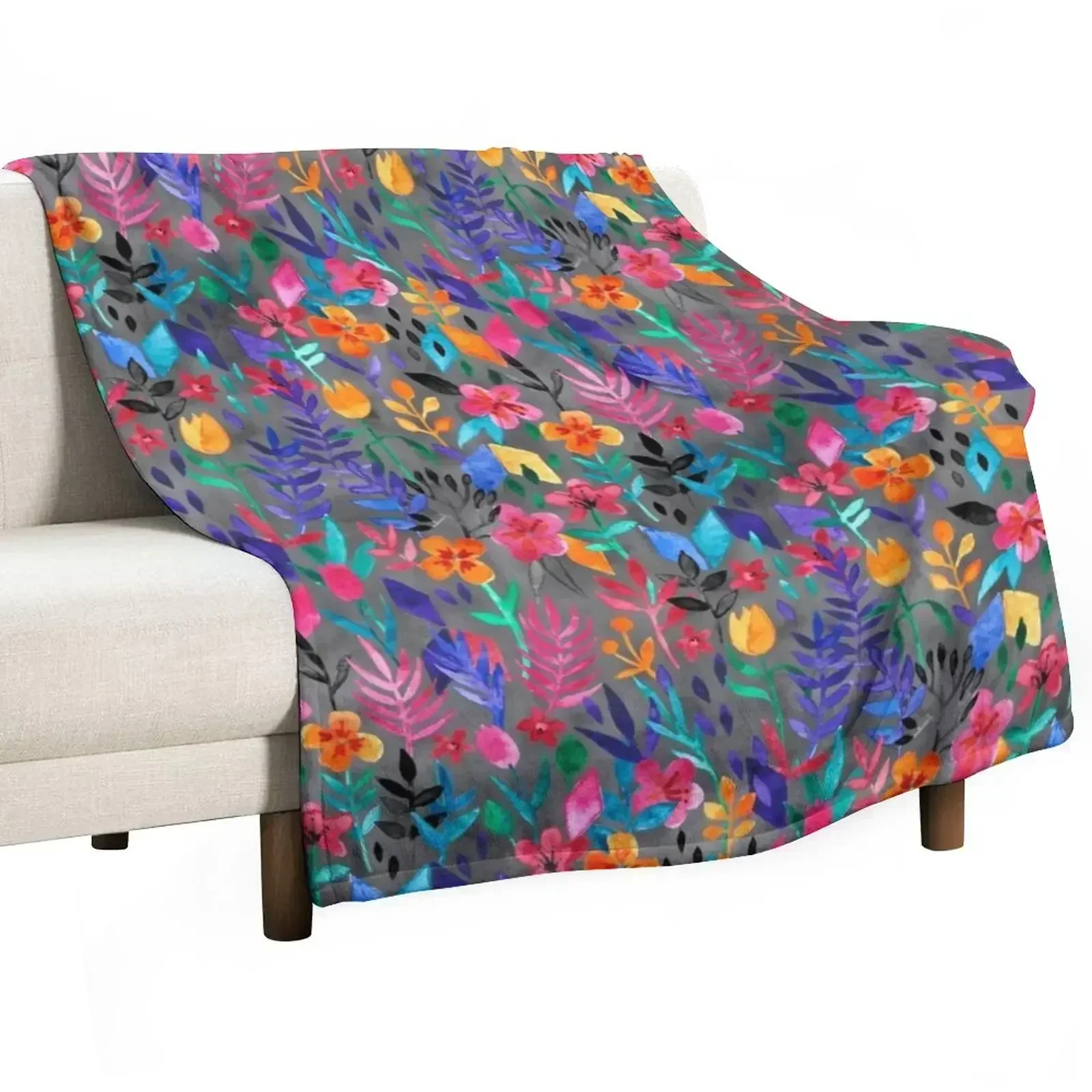 

Popping Color Painted Floral on Grey Throw Blanket Soft Solid Color Blanket for Couch Bed