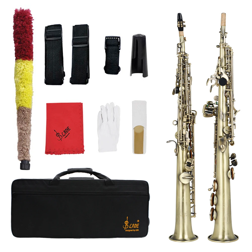 

SLADE Soprano Saxophone Brass Body Cyan Antique Bb Straight Sax Woowind Instrument Saxfone with Case Reeds Parts & Accessories