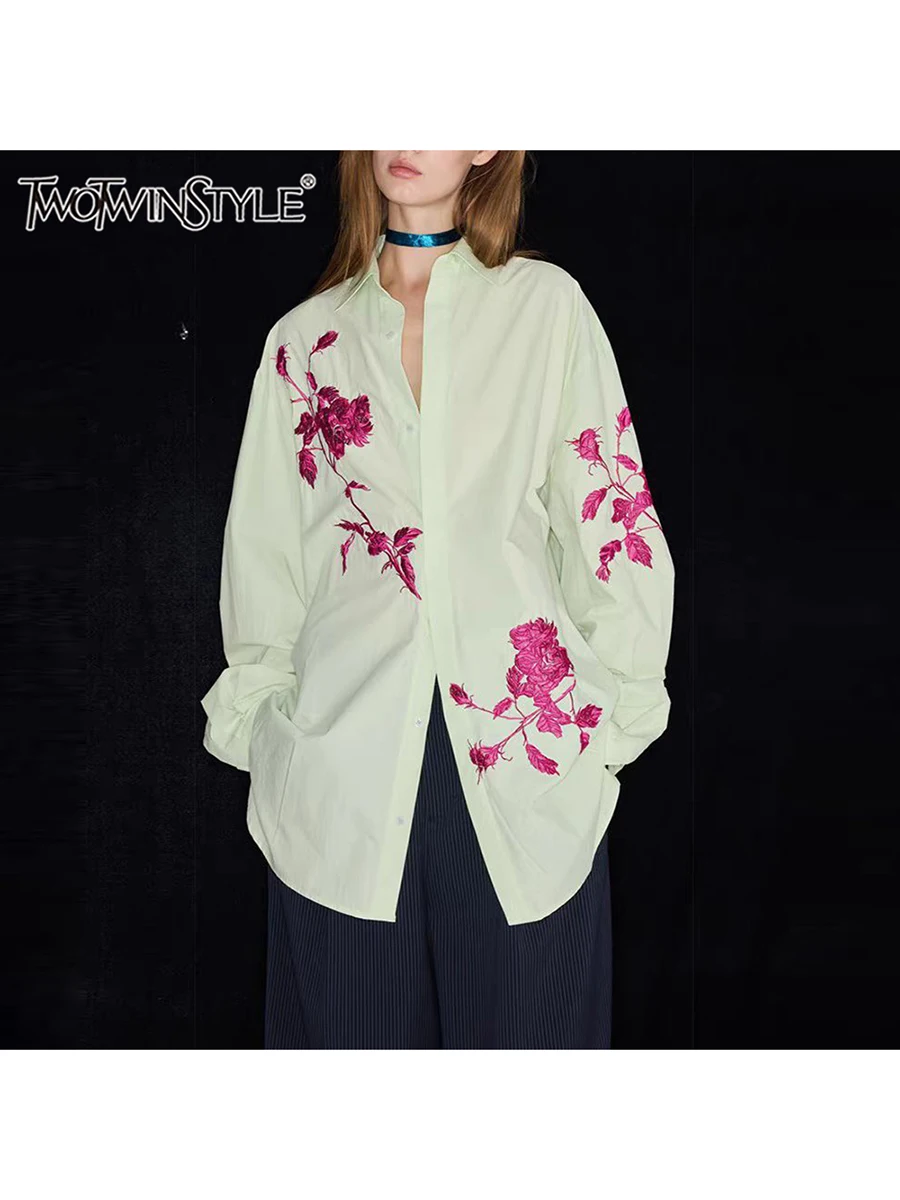 

TWOTWINSTYLE Hit Color Loose Spliced Embroidery Shirts for Women Lapel Long Sleeves Patchwork Single Breasted Shirt Female New