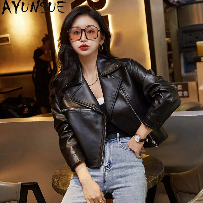 AYUNSUE Real Sheepskin Coat Womens Leather Jacket Short High Waist Genuine Leather Jackets Woman Biker Coats Casaco Feminino