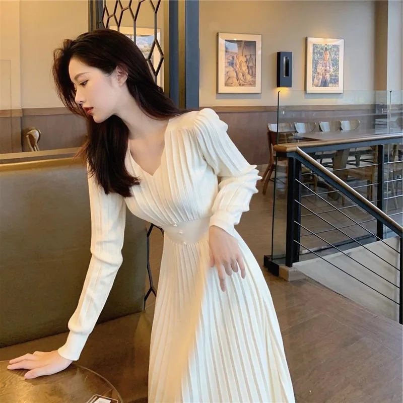 GIDYQ Women V Neck Knitted Dresses Korean White Simple Waisted Long Sleeve Dress Elegant  All Match Office Ladies Slim Dresses