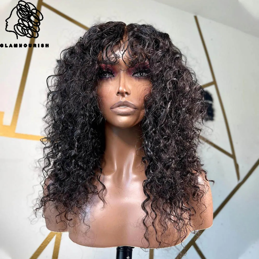 

Jerry Curly Human Hair Wigs With Bangs Brazilian Remy Curly Human Hair Wigs For Women Full Machine Made No Lace Curly Fringe Wig