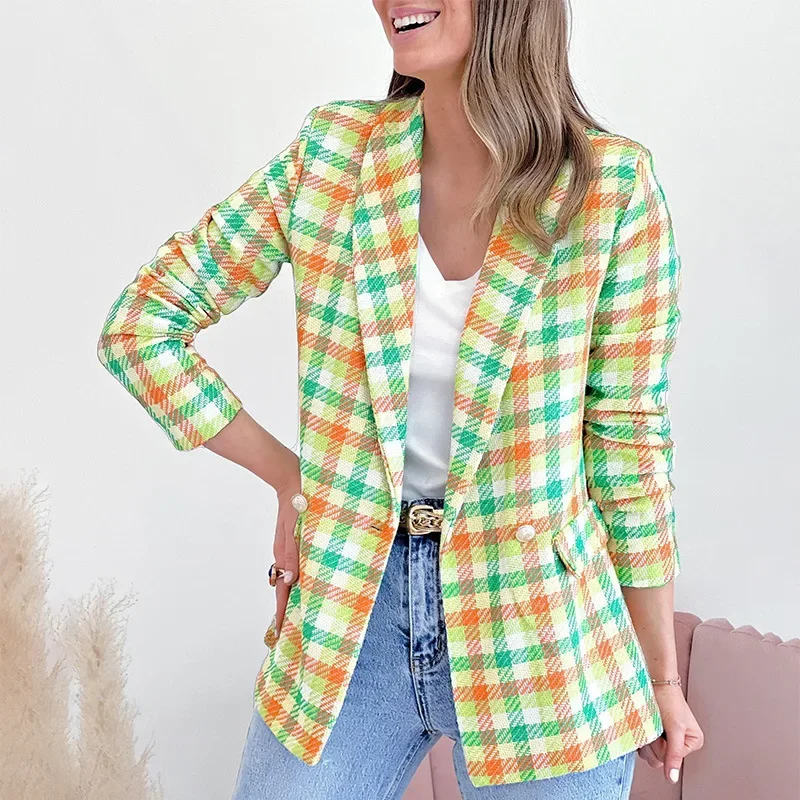 202 Europe, Amérique, automne et hiver nouveau plaid imprimé manches longues poche deux boutons costume de loisirs manteau femmes YBF27-3