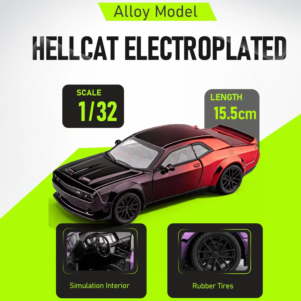 

Машинка-модель Hellcat Charger в масштабе 1:32 со звуком и светом, инерционная, из сплава, миниатюрная, для мальчиков, подарок на день рождения