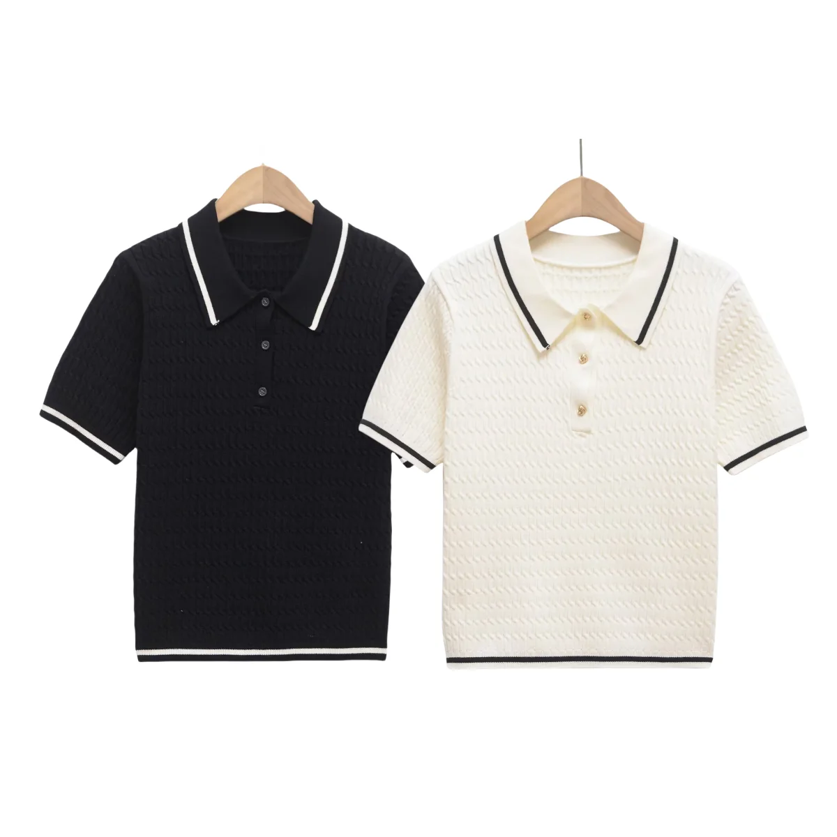 

BM&MD&ZA Womens Casual Simple Temperament Contrast Color Patchwork Polo Collar Short Sleeve Knit Top in Stylish Commuting Style