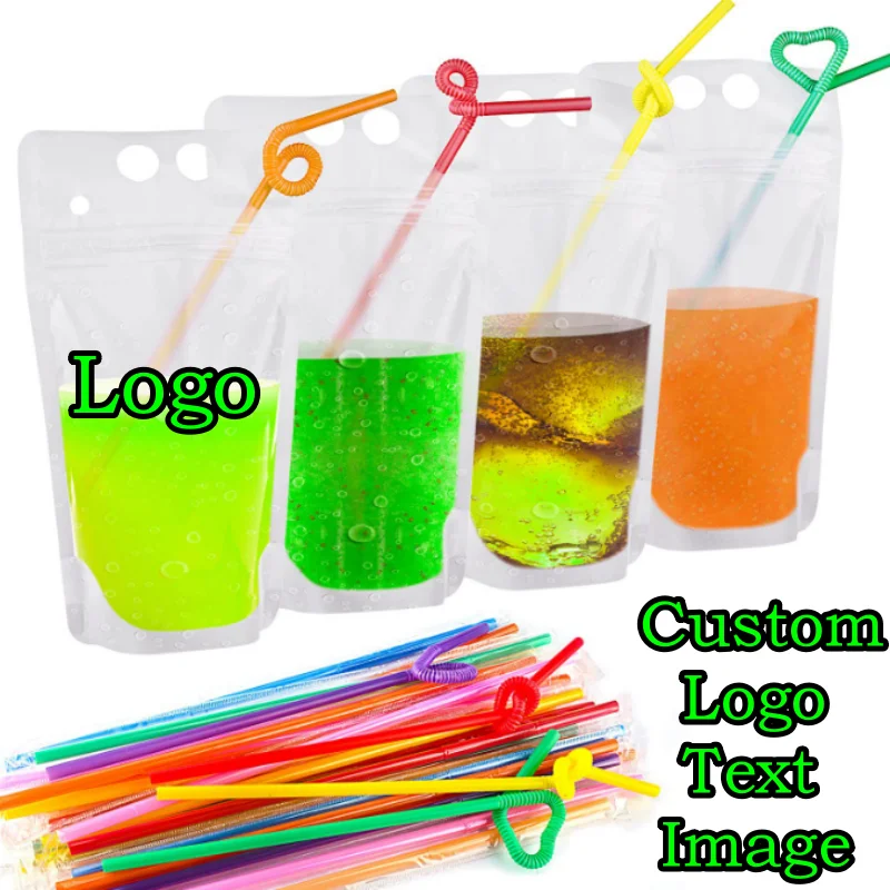 100PCS 250ML~1000ML Frosted/Clear Plastic Drinking Beverage Bag DIY Logo Party Wedding Fruit Juice Milk Tea Beer Handle Pouches