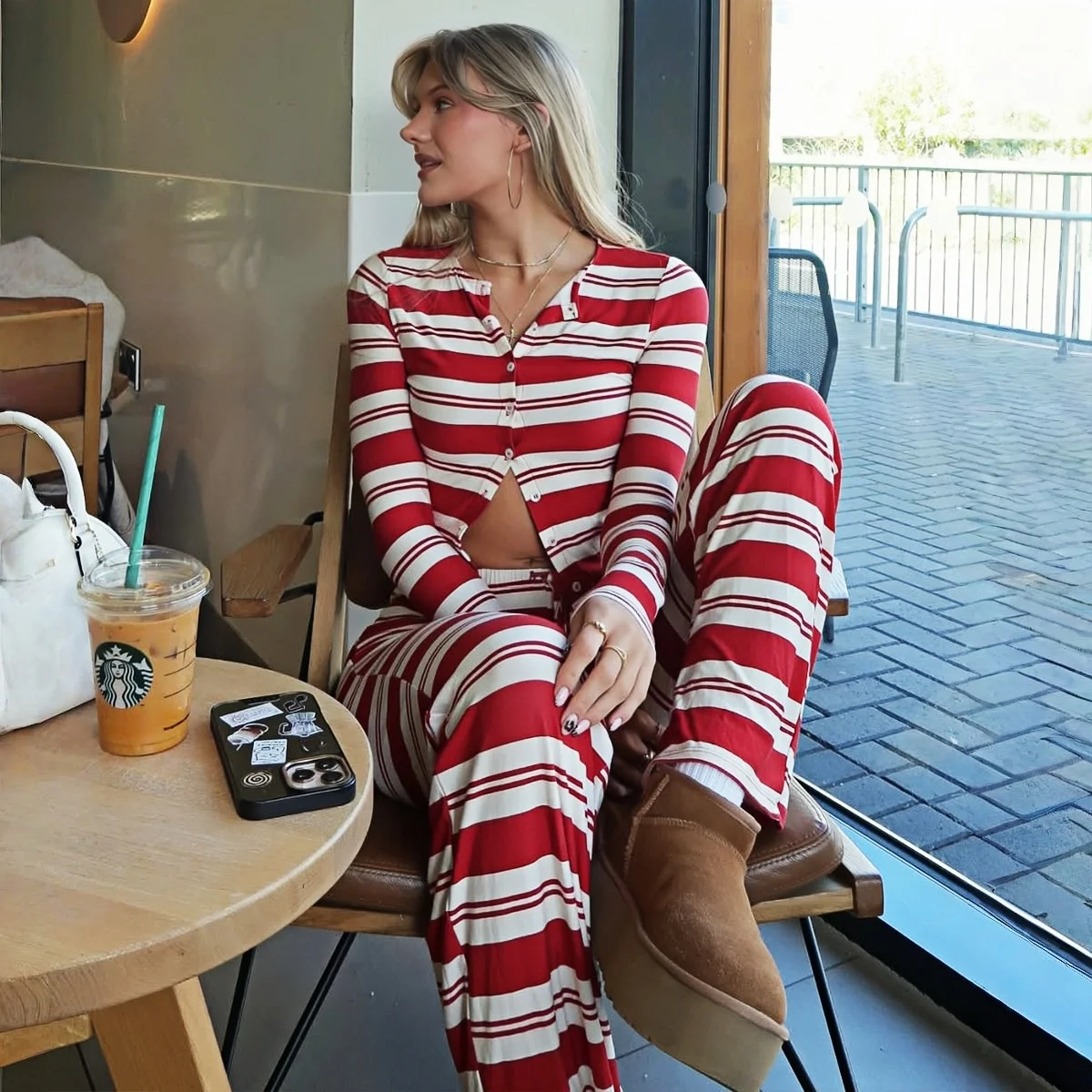 

Absobe Women Striped Buttons Long Sleeve Top Wide Legs Pants Set Color Blocked Casual Lacing Trousers 2 Piece Outfit Streetwear