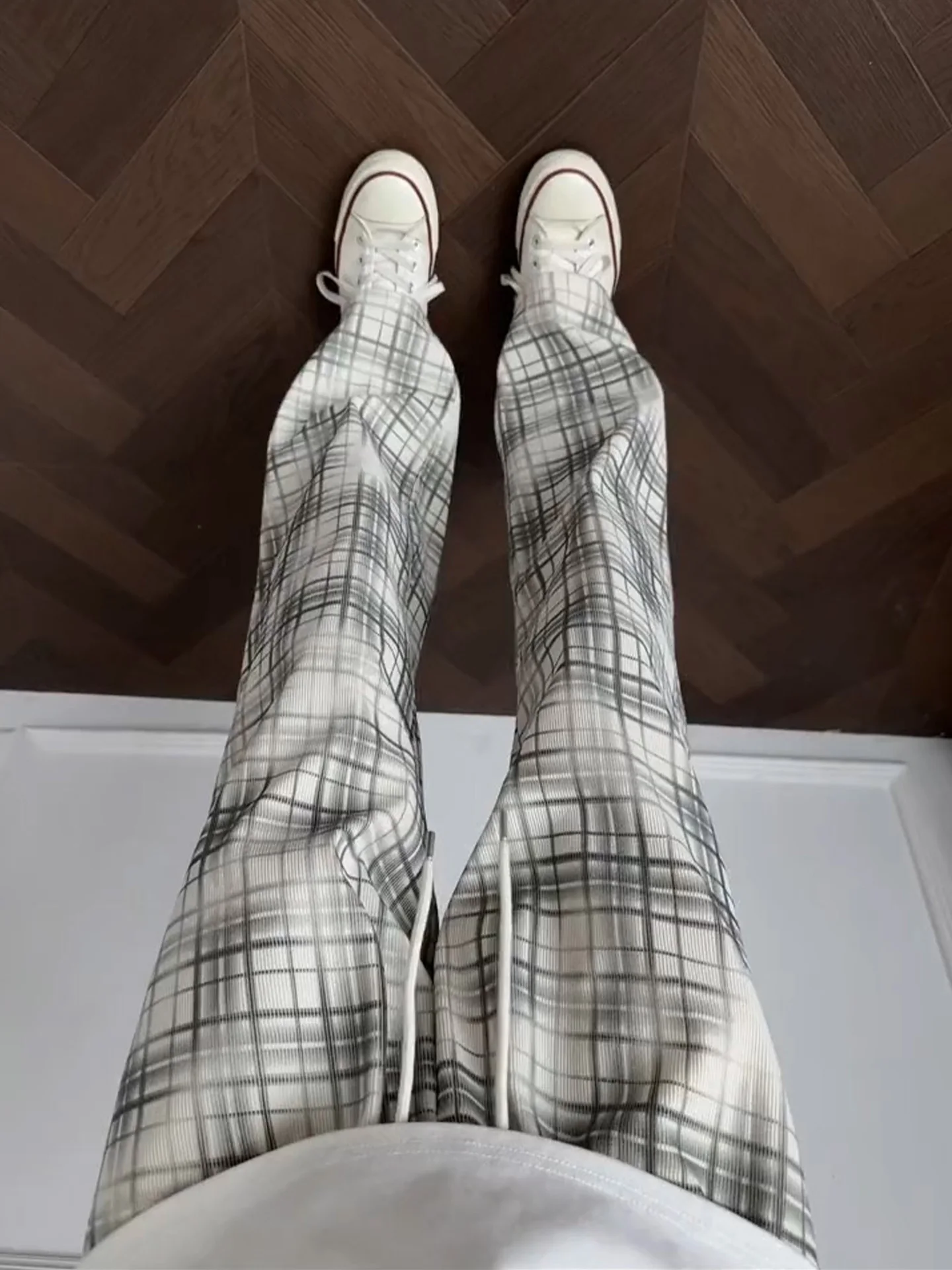 Khaki Tie Dye Plaid Men's Summer Fitness Casual Pants Loose Straight Leg Micro Flared Trousers Clean Fit Style Outdoor Wear