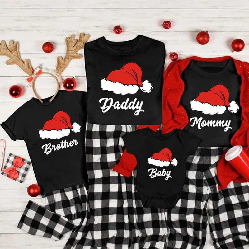 New Santa Hat Family Matching Christmas Outfits Cotton Daddy Mommy Brother Sister Baby Xmas Shirt Family Look New Year\'s Clothes