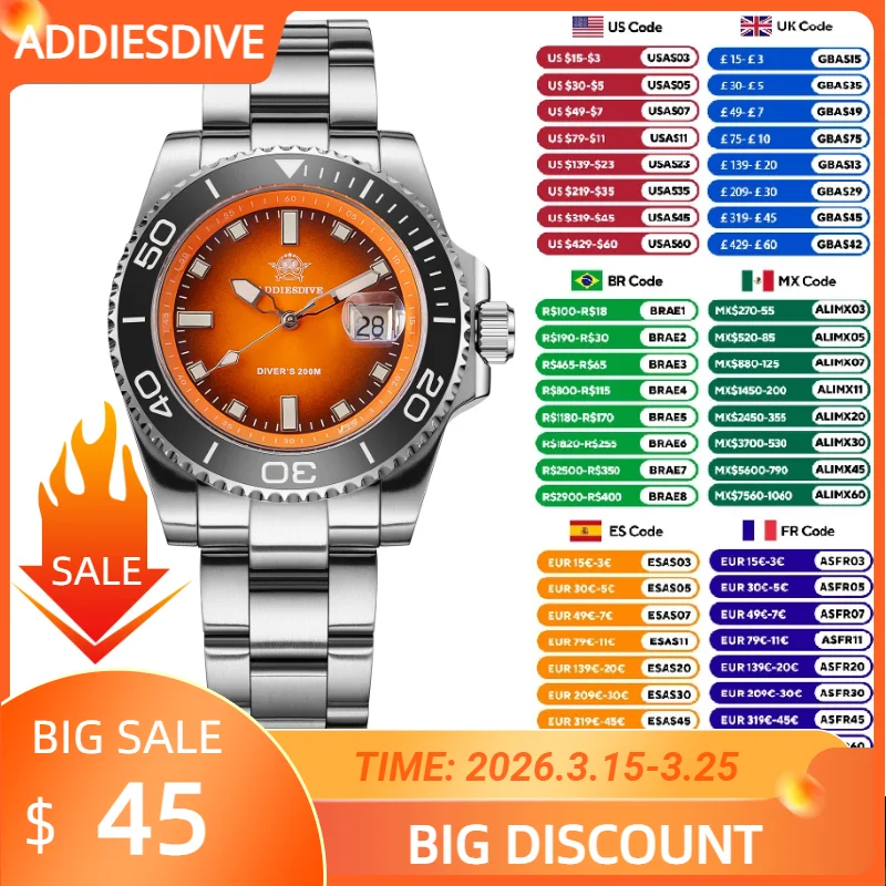 

ADDIESDIVE 41mm Top Brand Sports Diver Watch Ceramic Bezel Colorful Dial AD2089 Reloj Hombre 200m Waterproof NEW Quartz Watches
