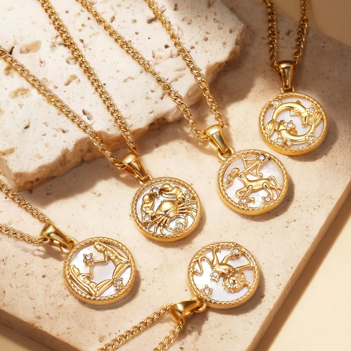 

12 Zodiac Sign Necklace With Shell Pendant Gold-Plated Copper With Zirconia Inlay Shell Jewelry For Men And Women Unisex Gift