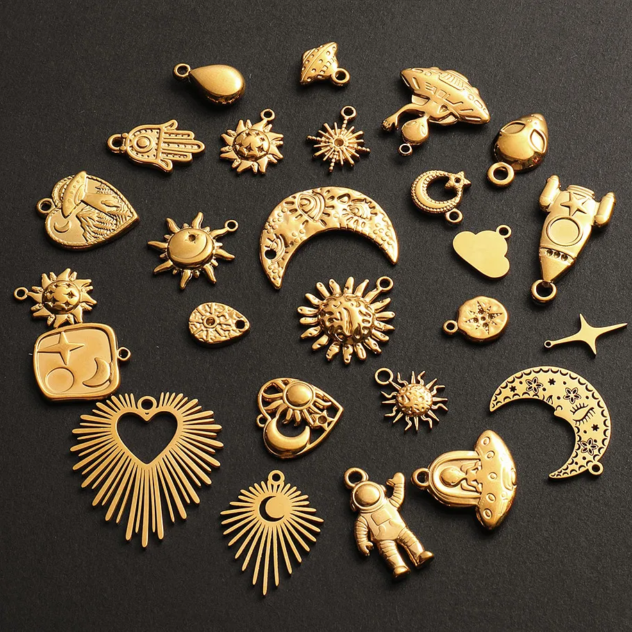 5pcs Gold Color Universe Spacecraft Doji Stainless Steel Sun Moon Star Pendants For Jewelry Making Supplies Alien Charm Findings