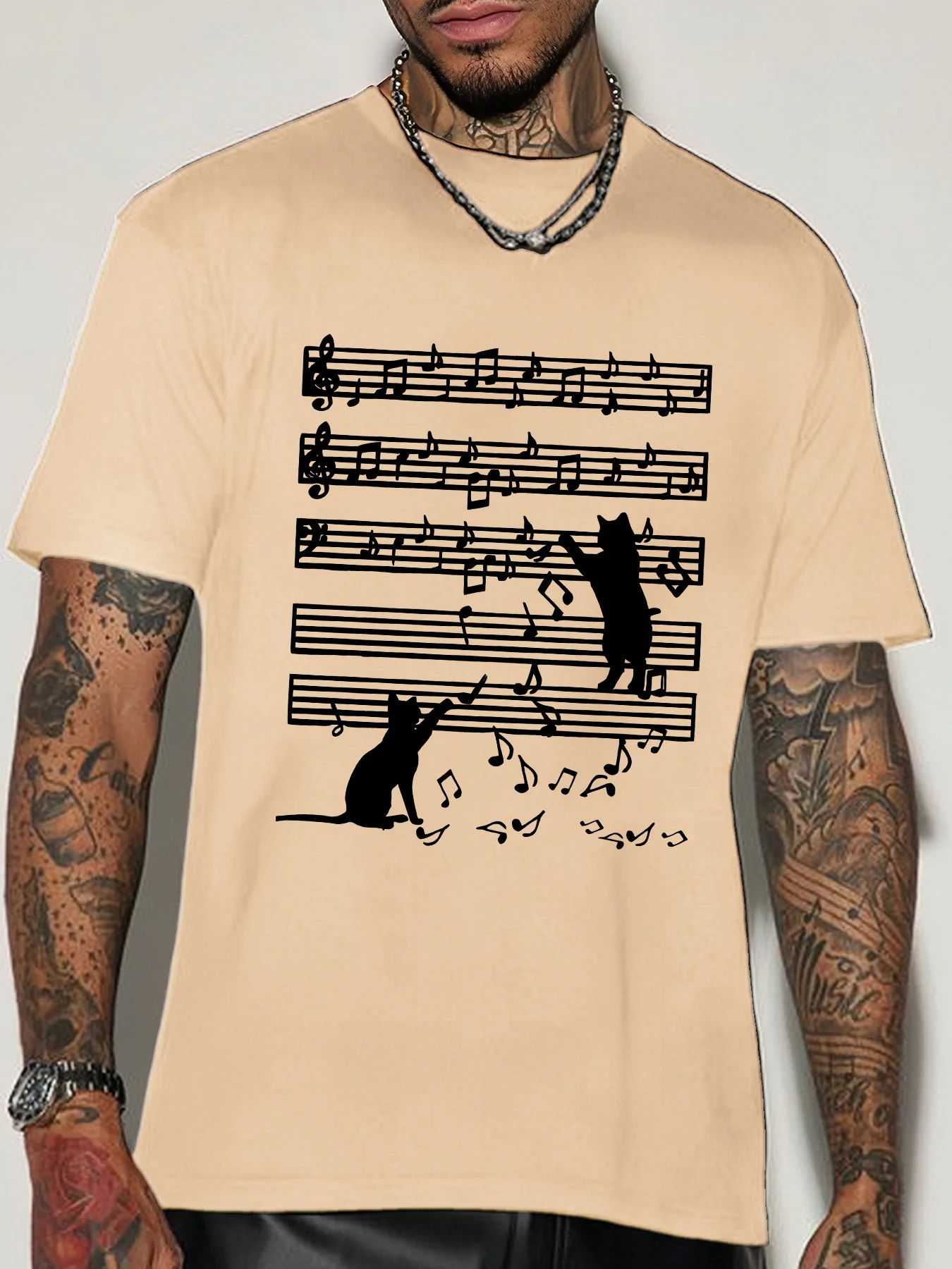 Musical Staff Cat Silhouette Mens Crew Neck Cotton T Shirt Kitten With Music Note Print Short Sleeve Music Lover Casual Top