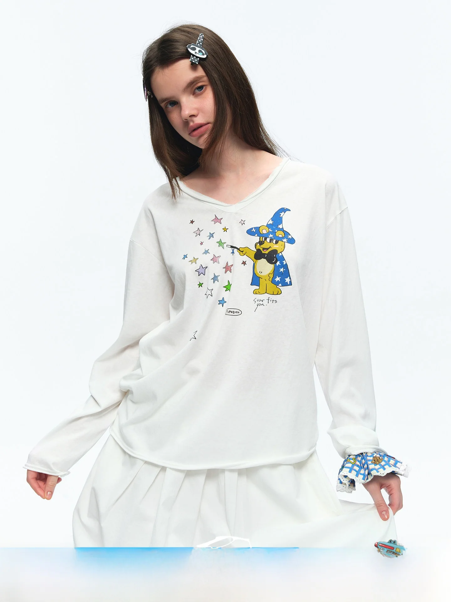 Loose Long Sleeve V-Neck T-Shirt Women's Lazy Base Shirt Star Print Autumn Winter Top TIPSEVEN Magic Bear Bottoming Tee