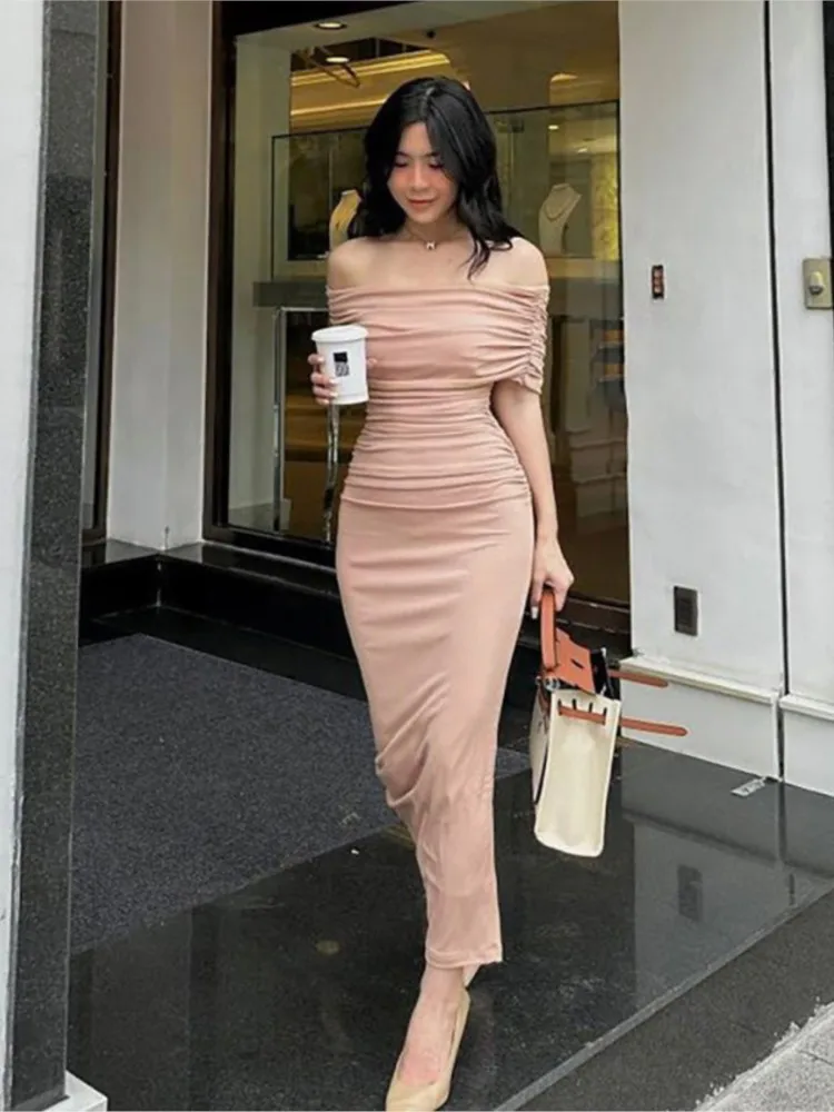 

Spring Summer Fashion Sexy Slash Neck Off Shoulder Pleated Dresses Women Solid Color Slim Split Long Dress Woman Party Dress
