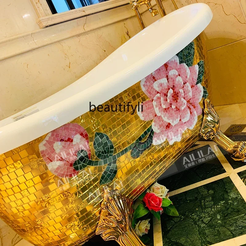 European freestanding princess golden bathtub pearlescent acrylic household adult bathtub