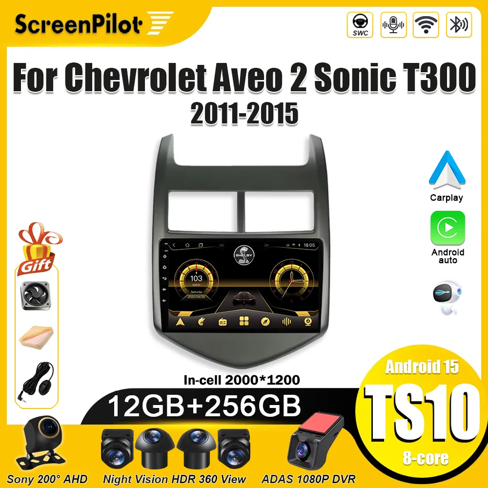 Radio Multimedia para Auto con Android 16, Reproductor de Video, 2 DIN, Carplay, Bluetooth, 8 Núcleos, para Chevrolet Aveo 2 Sonic T300 2011 2012 2013-2015