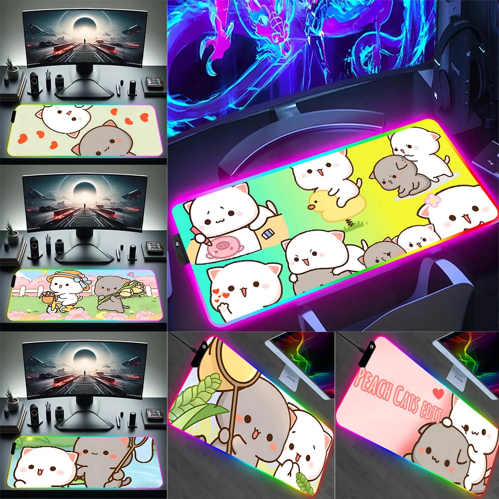 

Peach Mochi Cat RGB Pc Gamer Keyboard Mouse Pad Mousepad LED Glowing Mouse Mats Rubber Gaming Computer Mausepad