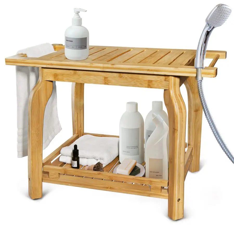 

Бамбуковая скамья для душа для внутреннего душа, ножки для бритья, 25-дюймовая водонепроницаемая скамейка для ванной комнаты, табурет для душа с полкой для хранения, безопасный усилитель