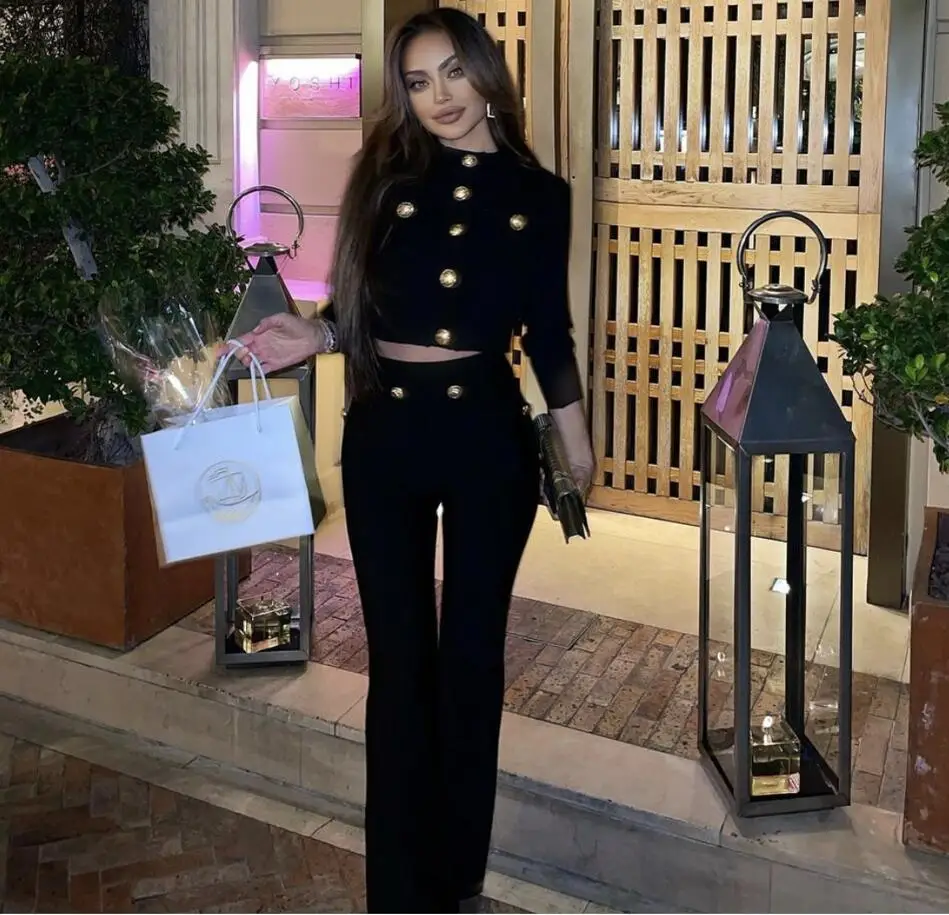 

Autumn Black Bandage Women Suit Set 2 Pieces Coat+Pants Trousers Formal Office Lady Short Jacket Prom Dress Gold Buttons