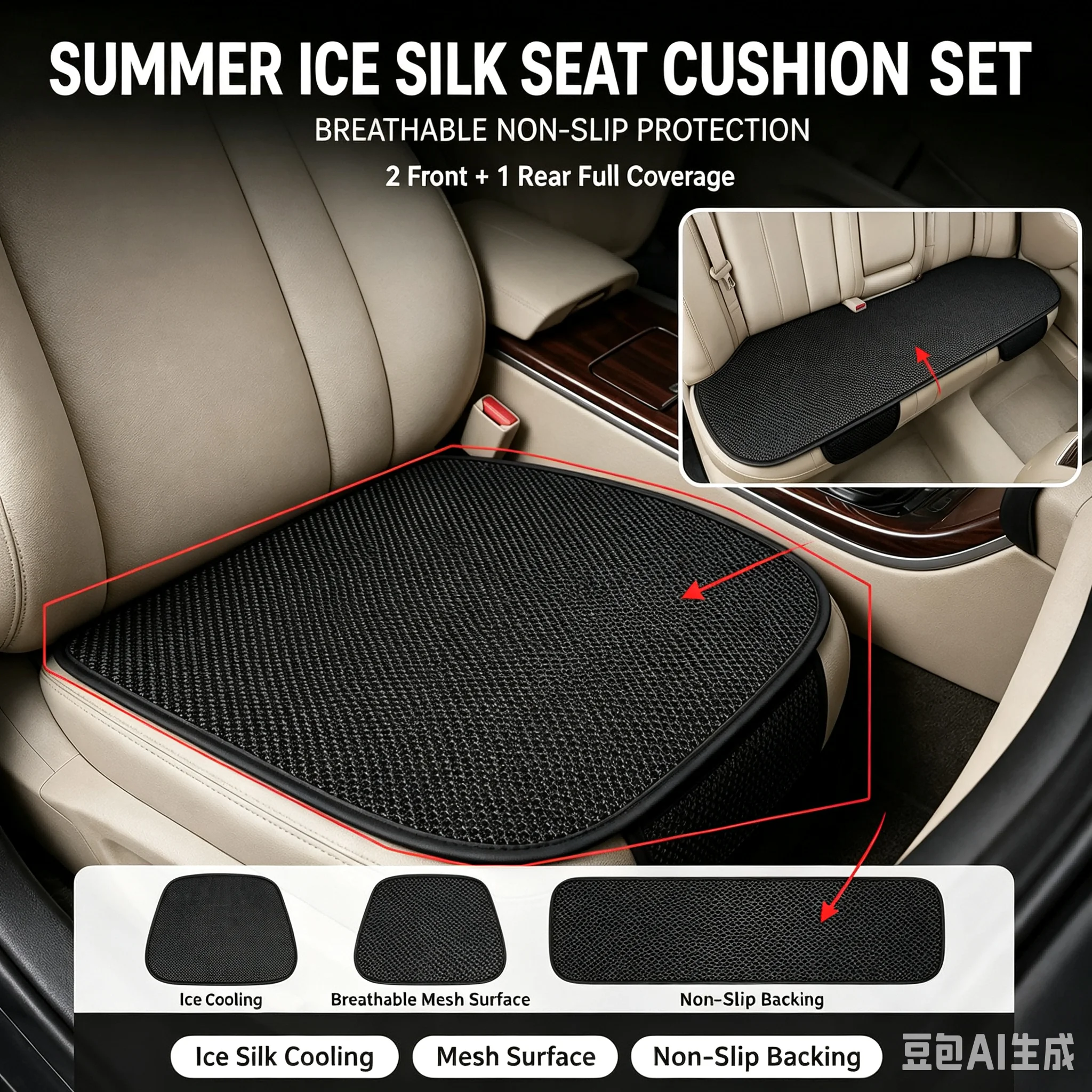 Universal Summer Car Seat Cushion Cover, Breathable Ice Silk Non-Slip Auto Seat Protector Pad for Men & Women