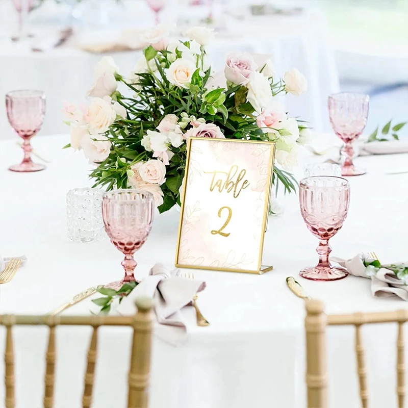 Soporte de letrero de mesa trasero inclinado, marco dorado acrílico, TARJETA DE MESA DE BODA, letreros de restaurante, fotos