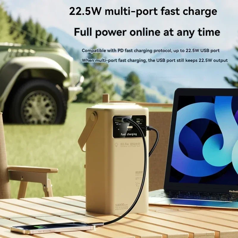 Banco de energía de gran capacidad de 50000mAh, 22,5 W, cable incorporado, carga súper rápida, Banco de energía móvil de emergencia para acampar al aire libre